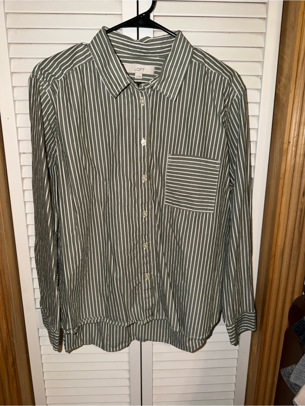 LOFT Olive Green and White Striped Button-Down Shirt